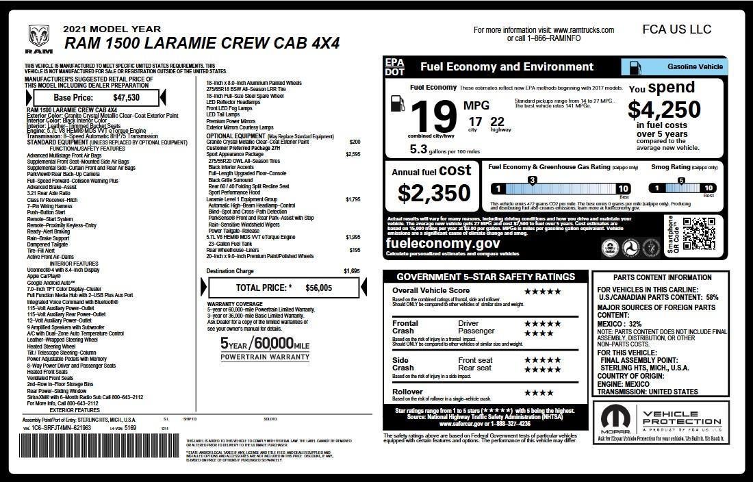 2021 RAM 1500 Laramie Crew Cab 4x4 5'7" Box